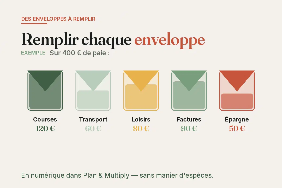 Schéma du cash stuffing : 400 € de paie répartis en 5 enveloppes — courses 120 €, transport 60 €, épargne 50 €…