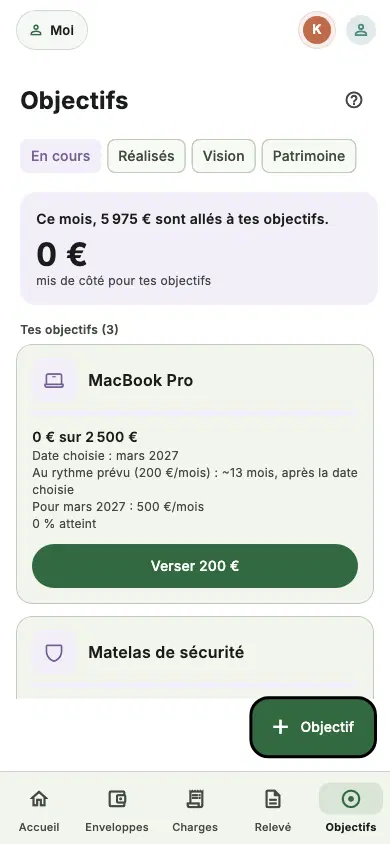 Objectifs d’épargne — exemple fictif, version 5.8.2