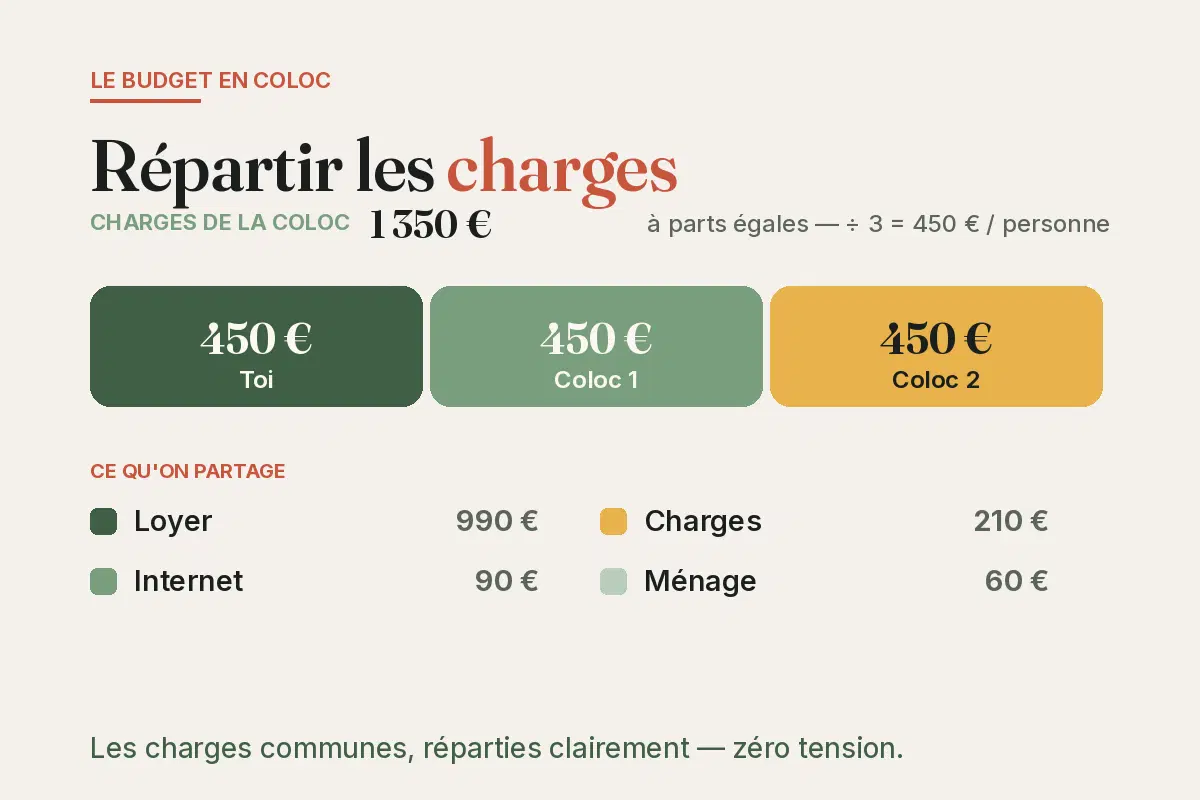 Schéma du budget en coloc : 1 350 € de charges divisés en 3 (450 €/personne) — loyer, charges, internet, ménage.
