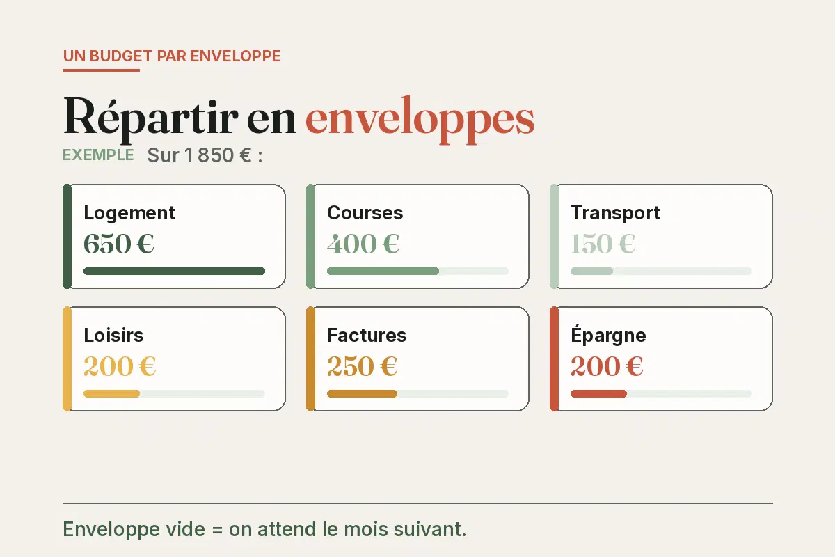 Schéma de la méthode des enveloppes : 1 850 € répartis en 6 postes — logement 650 €, courses 400 €, épargne 200 €…