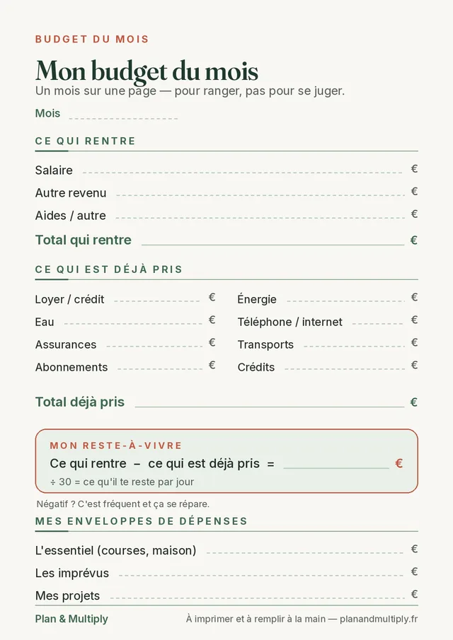 Aperçu du modèle « Fiche budget mensuel » à imprimer, format A4